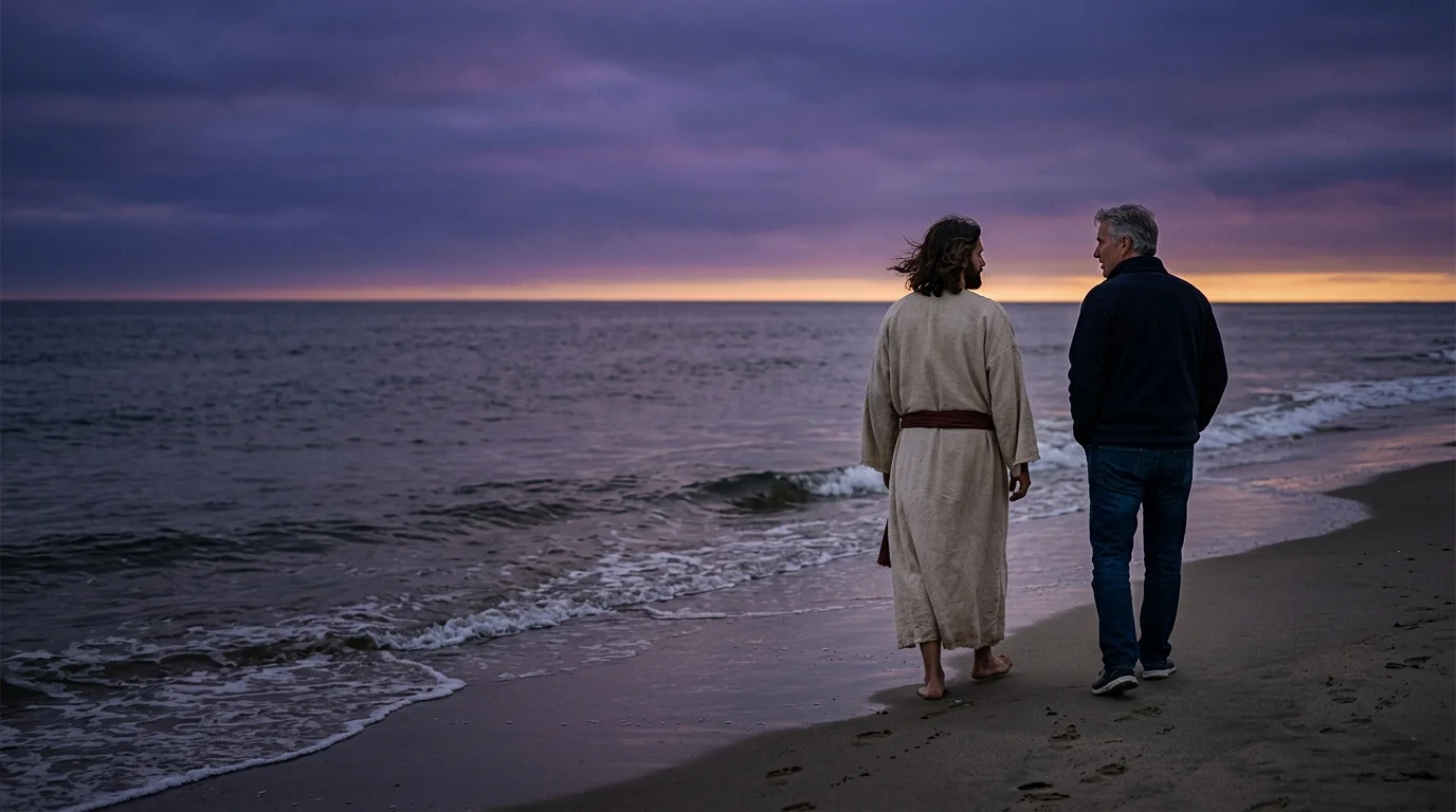 Jesus walking with a man along the beach at dusk