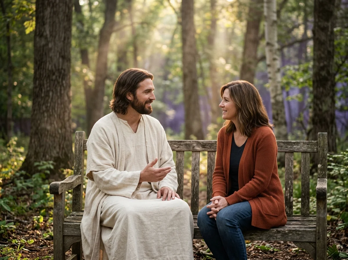 Jesus talking with a woman on a bench in the woods