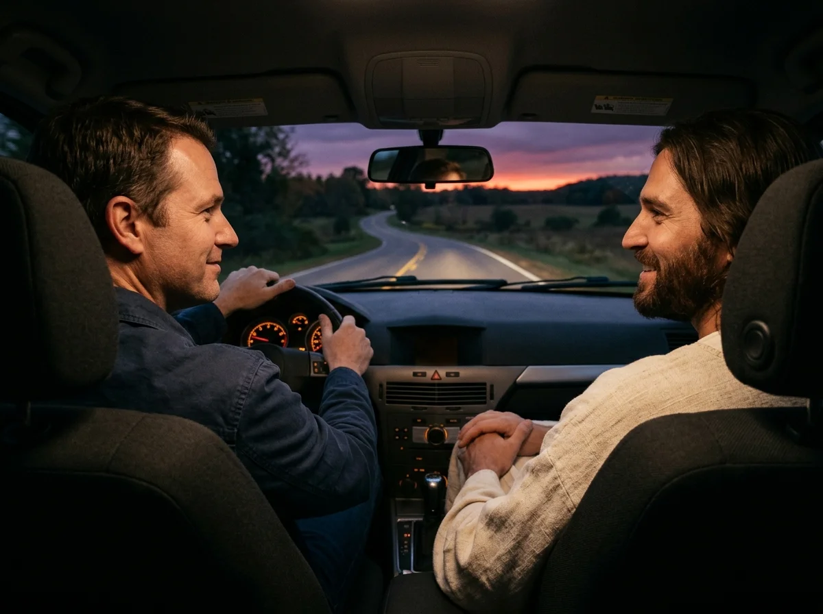 Jesus riding in the passenger seat talking with a man driving